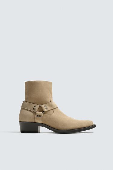BOTA DE COURO COM ARNÊS - Bege da Zara
