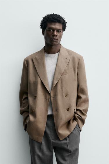 Zara 100% LINEN DOUBLE-BREASTED BLAZER - Light mink