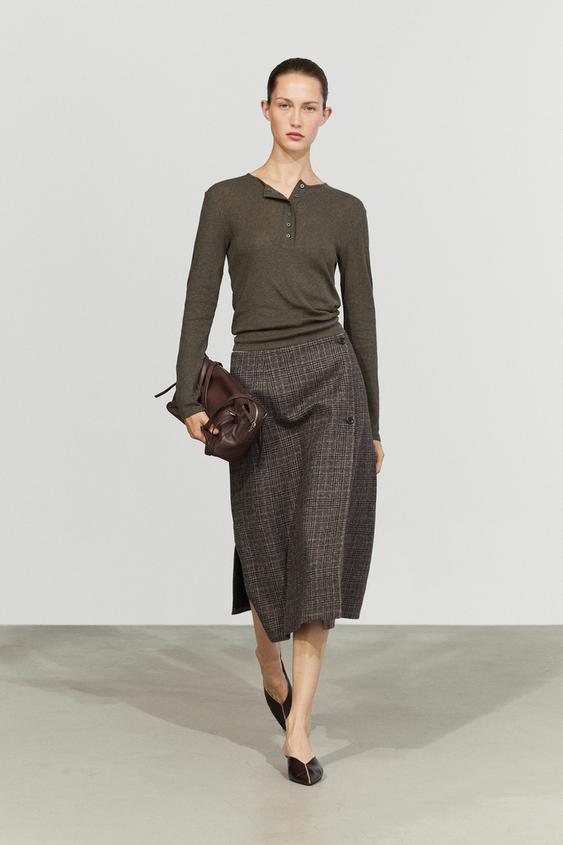 Zara Long sleeve cotton blend henley - Dark khaki - Image 0