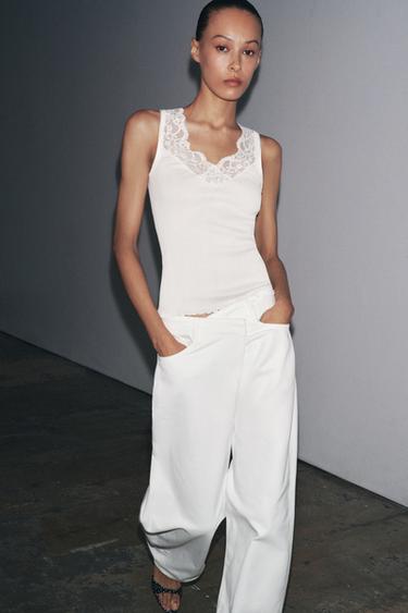 PLAYERA RIB ENCAJE - Blanco roto de Zara - Imagen 0