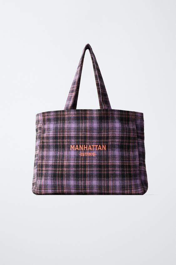 CHECK TOTE BAG - Purple by Zara - Image 0