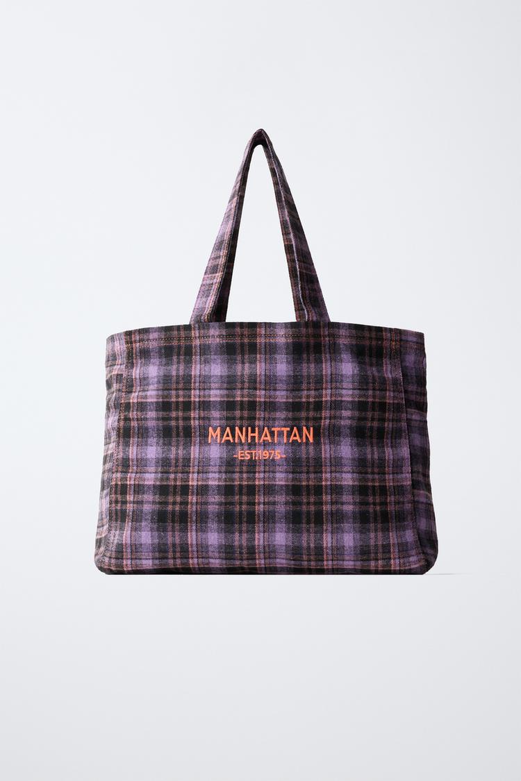 PLAID SHOPPER TOTE — Purple