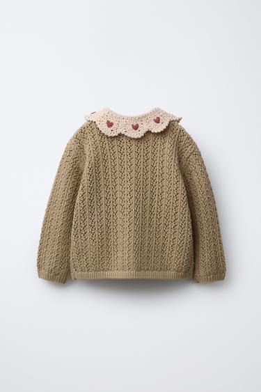 CROCHET COLLAR CARDIGAN - Light khaki by Zara - Image 1