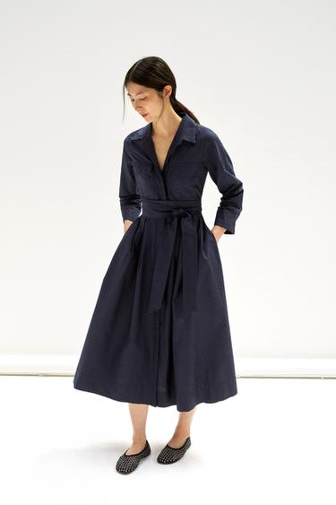 ZW COLLECTION ポプリンシャツワンピースネイビーブルーZaraのZW COLLECTION ポプリンシャツワンピース - ネイビーブルー