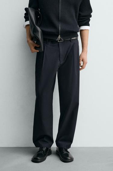 Zara RELAXED FIT PLEATED PANTS - Dark navy