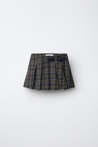 PLEATED CHECK SKIRT WITH BUCKLE - Khaki by Zara