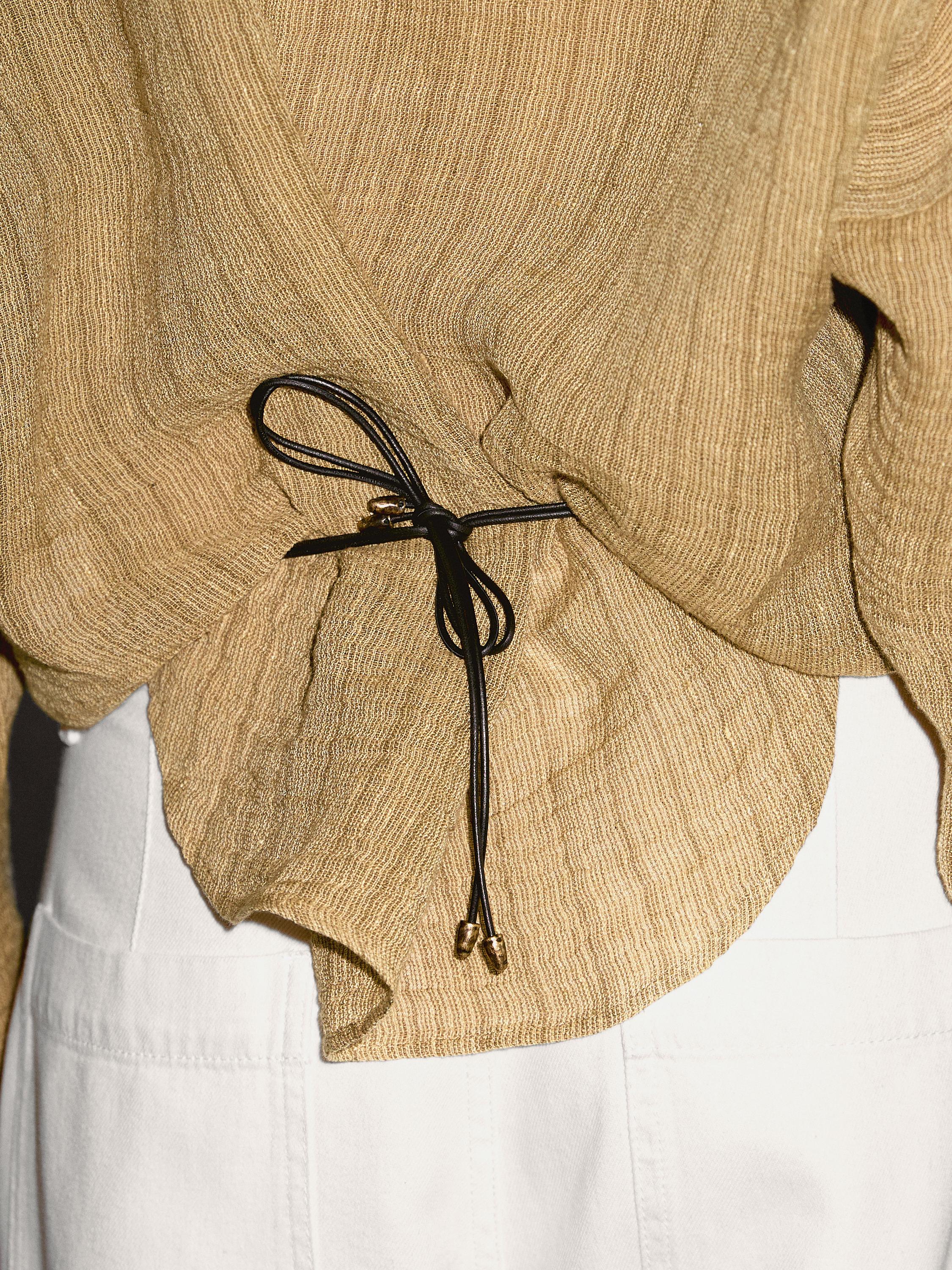 Linen blend open polo collar blouse