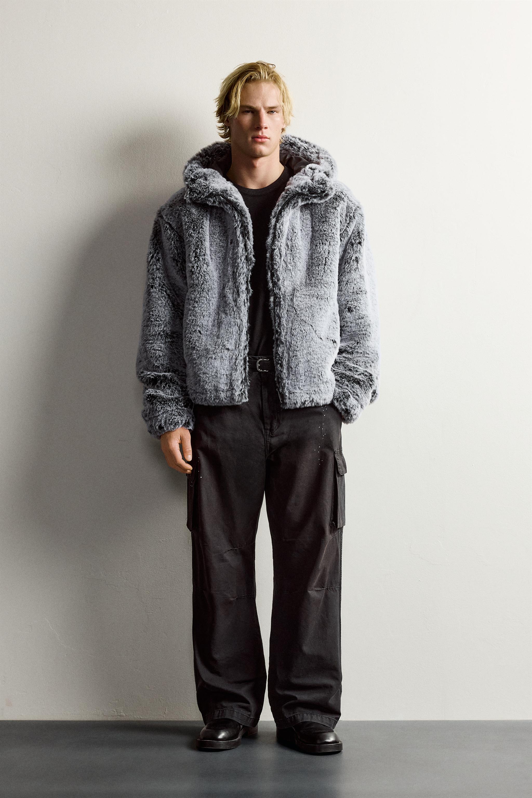BLOUSON CROPPED FIT EFFET FOURRURE CAPUCHE