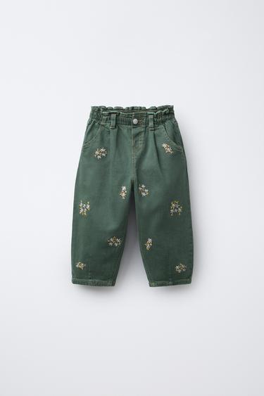 EMBROIDERED FLORAL TWILL BAGGY TROUSERS - Green by Zara