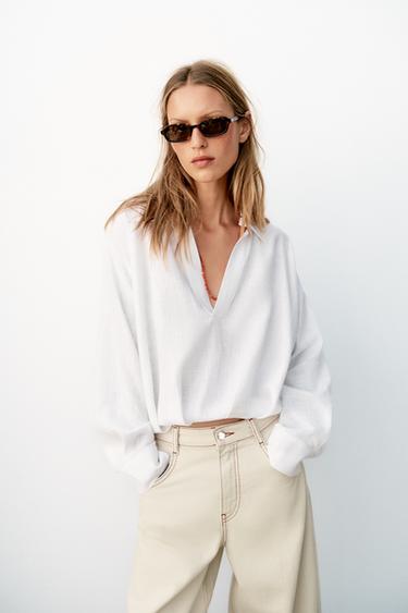 قميص كتاني بحافة سفلية منفوخة - أبيض الخاص بـ Zara
