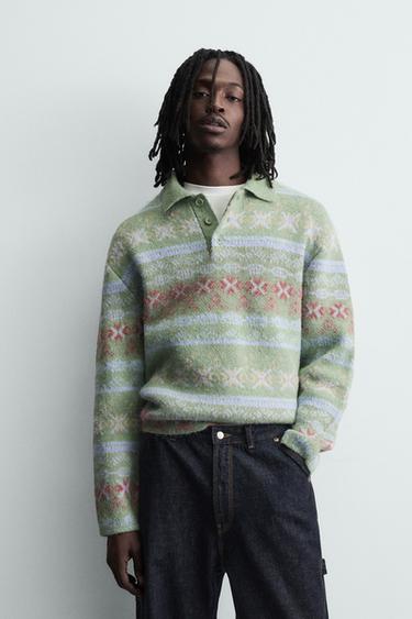 GEOMETRIC TEXTURED JACQUARD KNIT POLO SHIRT - Light green by Zara