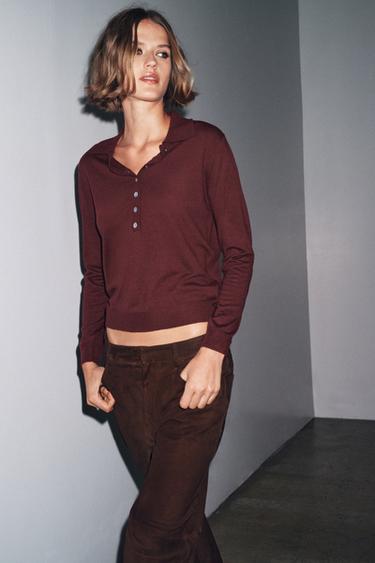 PLAIN KNIT POLO SHIRT - Burgundy by Zara
