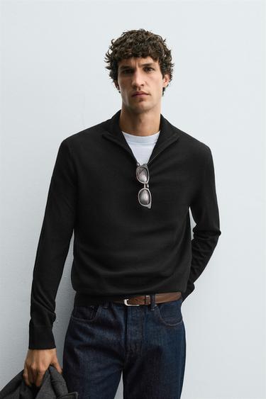 100% WOOL QUARTER-ZIP SWEATER - Black by Zara