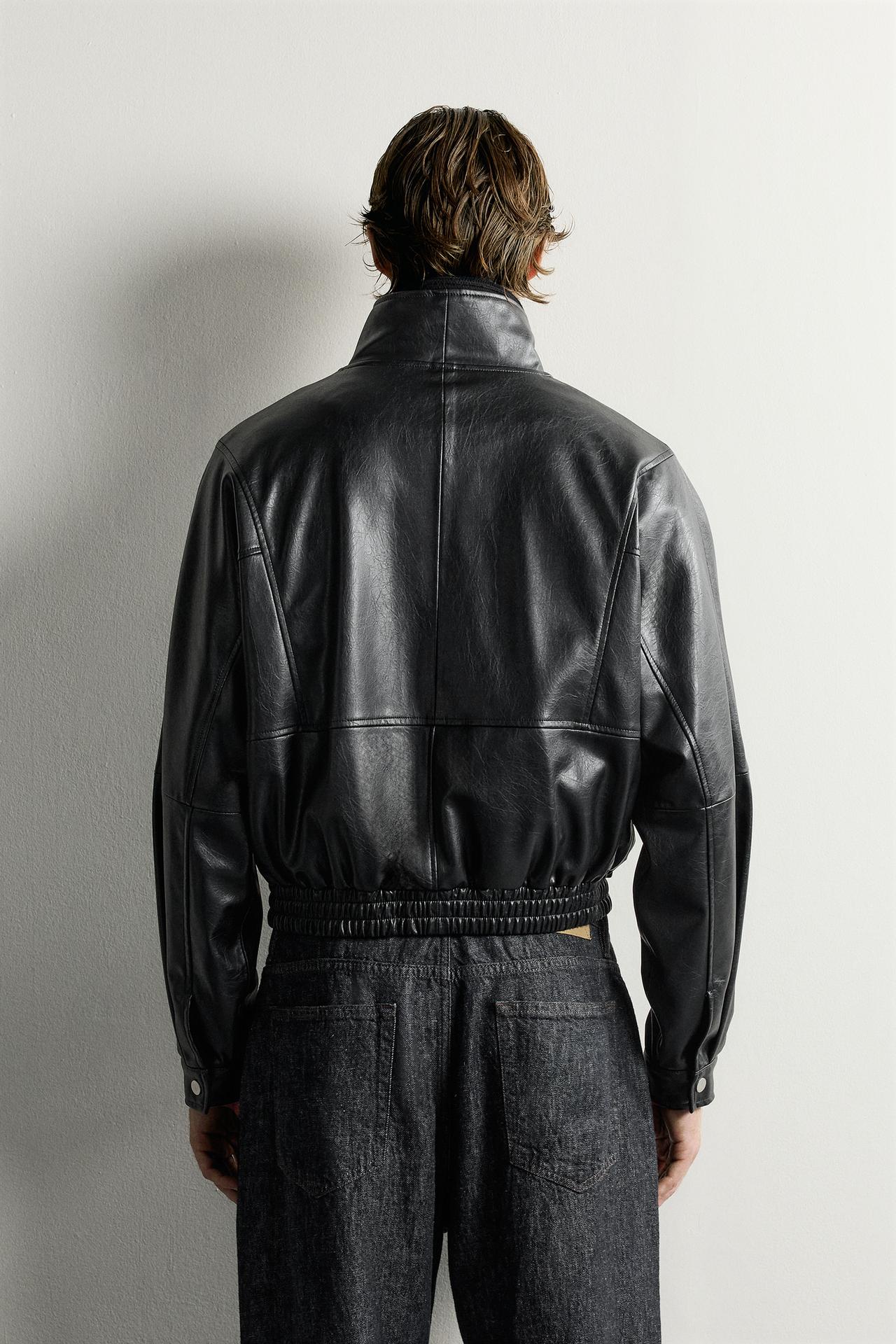 FAUX LEATHER CROPPED FIT JACKET — Black