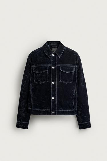 FLOCKED DENIM CROPPED FIT JACKET - Blue by Zara