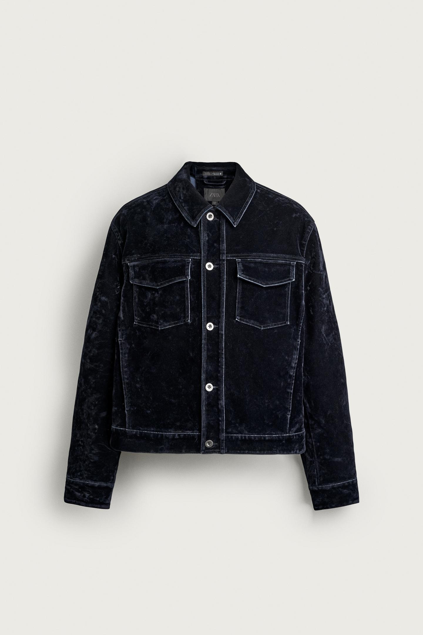 Мужская куртка Zara Flocked Denim Cropped Jacket, цвет: Синий — фото 8