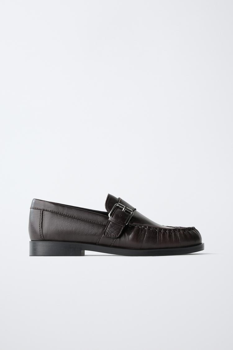 LEATHER BUCKLE LOAFERS — Brown