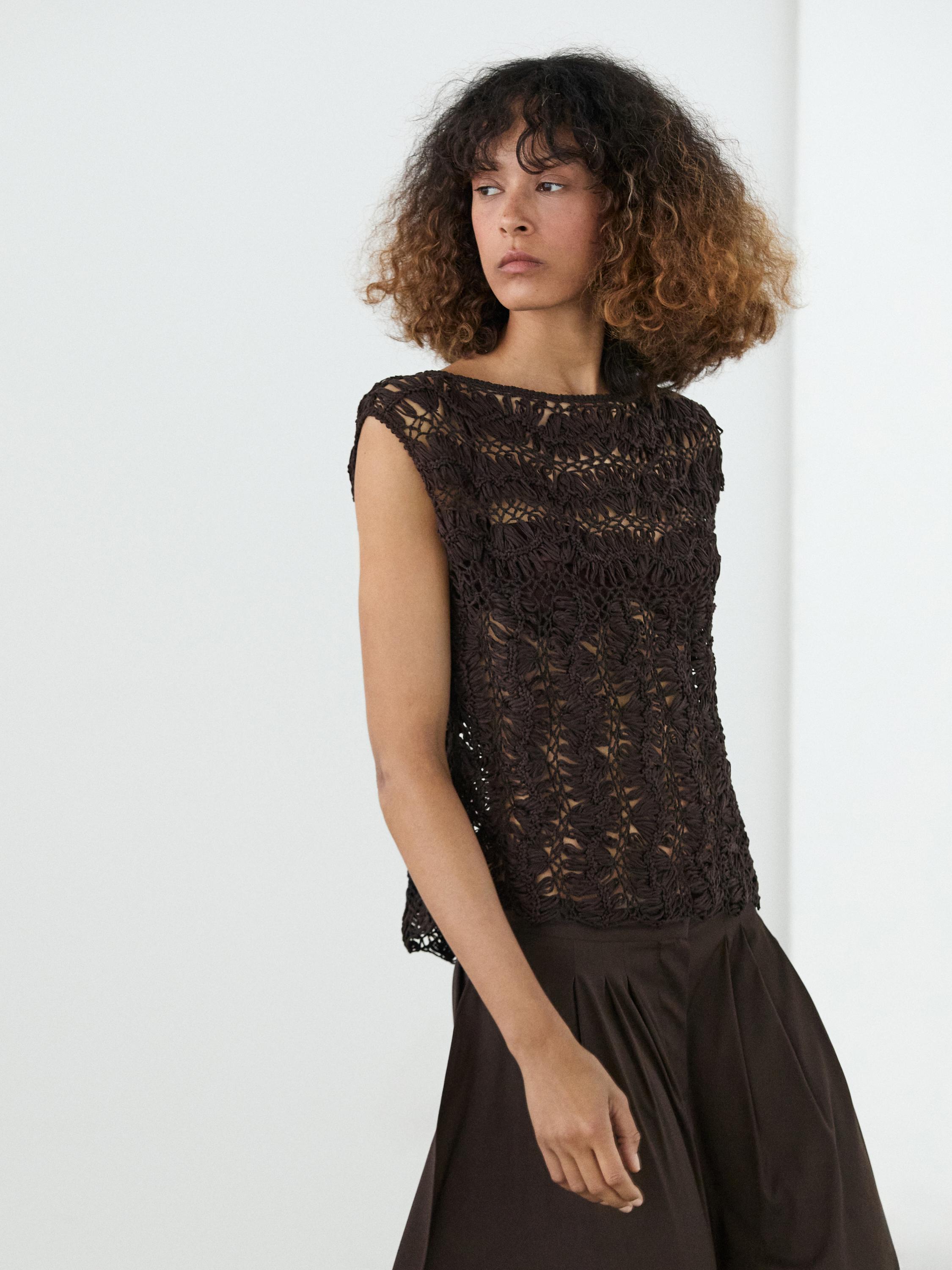 Crochet knit top — Dark brown