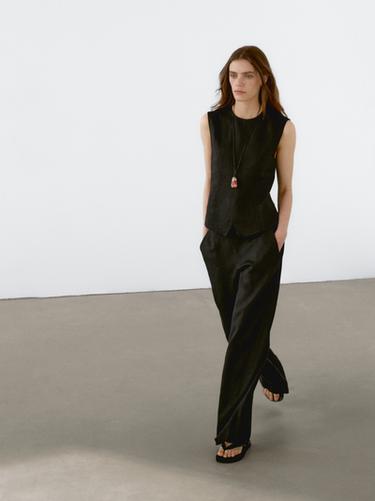 Zara 100% linen waistcoat with seam details and buckle - Black - Image 0