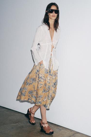 JUPE IMPRIMÉE FLEURS EN RAMIE ZW COLLECTION - Écru moyen de Zara - Image 4