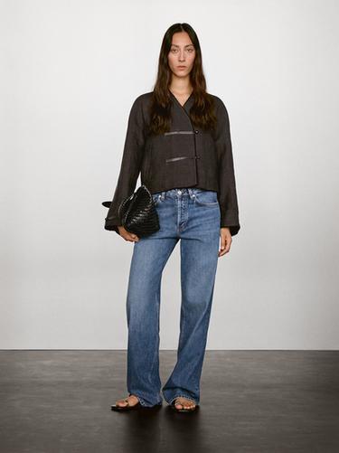 Zara Linen blend jacket with leather fastening detail - Chocolate - Image 0