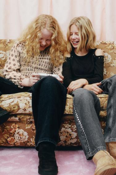 Zara PRINTED ELASTICIZED TOP - Light beige