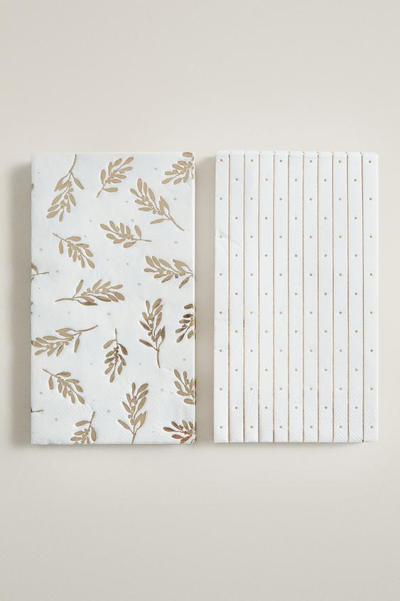 Zara LEAF AND STRIPE PAPER NAPKINS (PACK OF 30) - Golden - Image 0