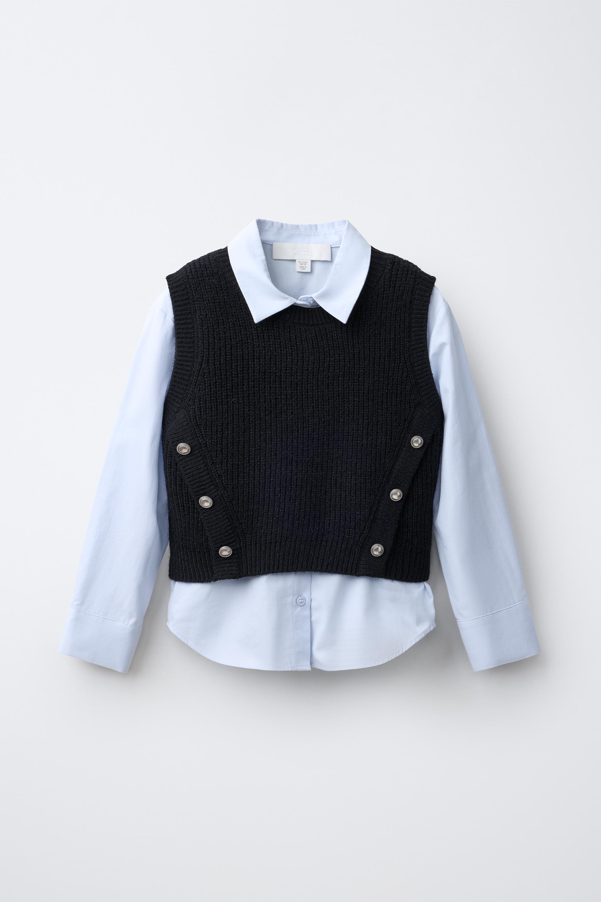 BUTTON DETAIL SHIRT WITH KNIT VEST OVERLAY