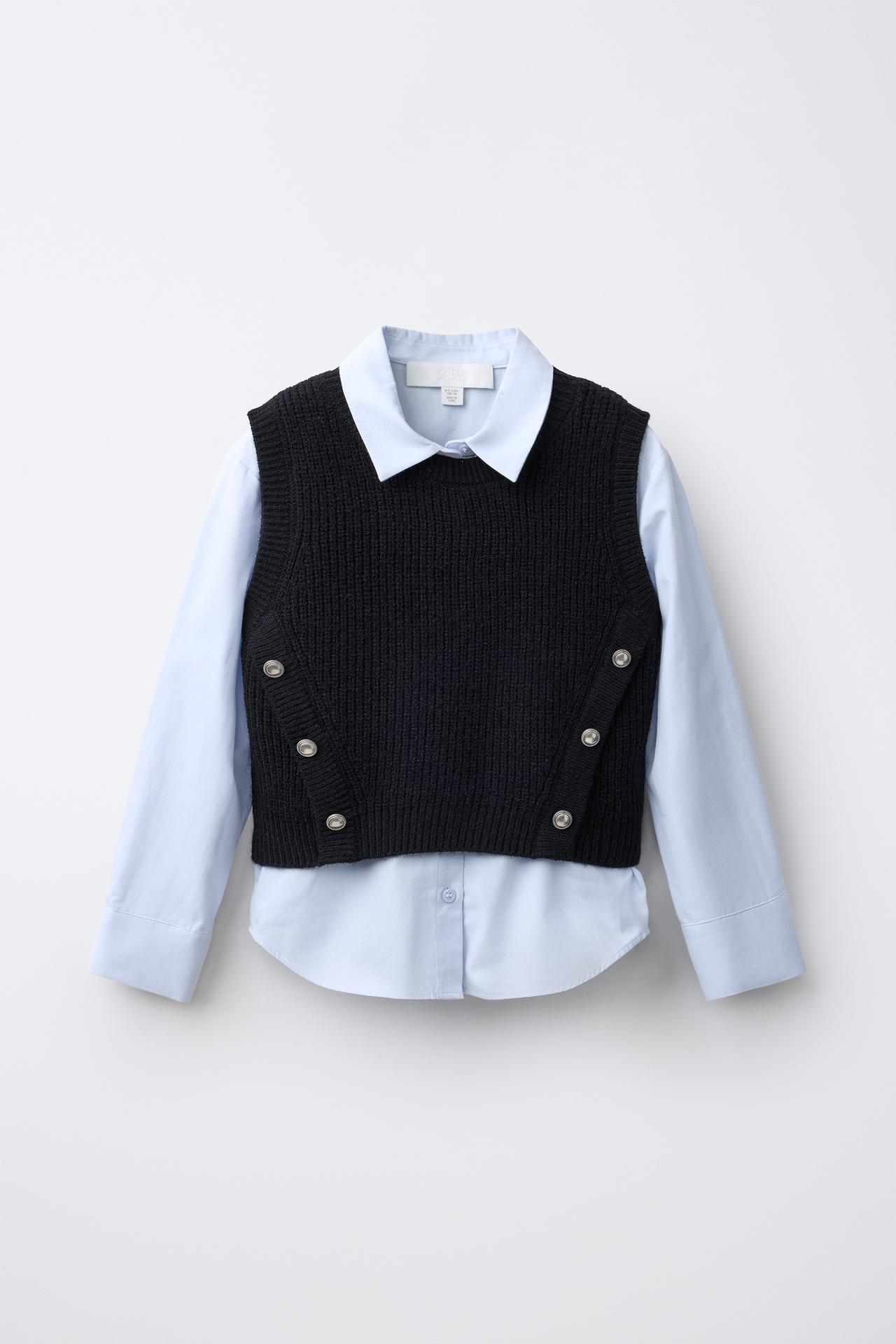 COMBINED KNIT VEST SHIRT — Black