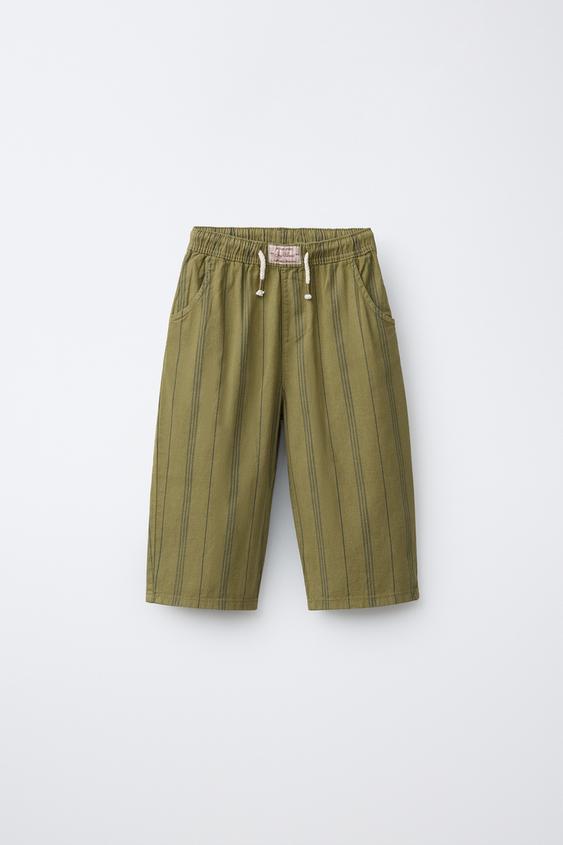 STRIPED COTTON LINEN TROUSERS - Khaki by Zara - Image 0