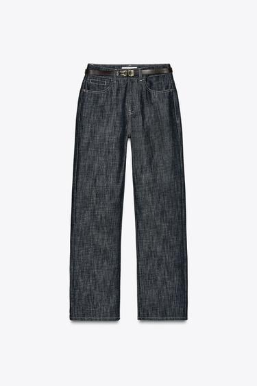 Zara Z1975 HIGH-WAISTED STRAIGHT LEG SLIM FIT BELTED JEANS - Blue - Image 0