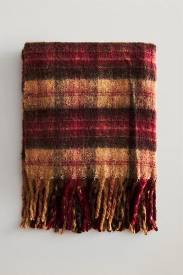 CHRISTMAS CHECK BLANKET WITH FRINGE — Light beige 1