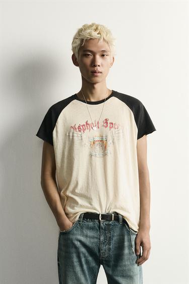 WASHED COLOUR BLOCK PRINT T-SHIRT - Oyster-white by Zara