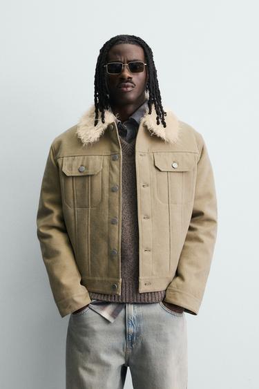 CROPPED COTTON JACKET WITH FAUX FUR - Sand by Zara