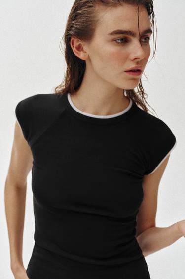 Zara DOUBLE SHORT SLEEVE EFFECT T-SHIRT - Black