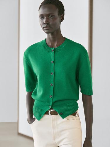 Cárdigan punto manga corta mezcla algodón - Verde de Zara