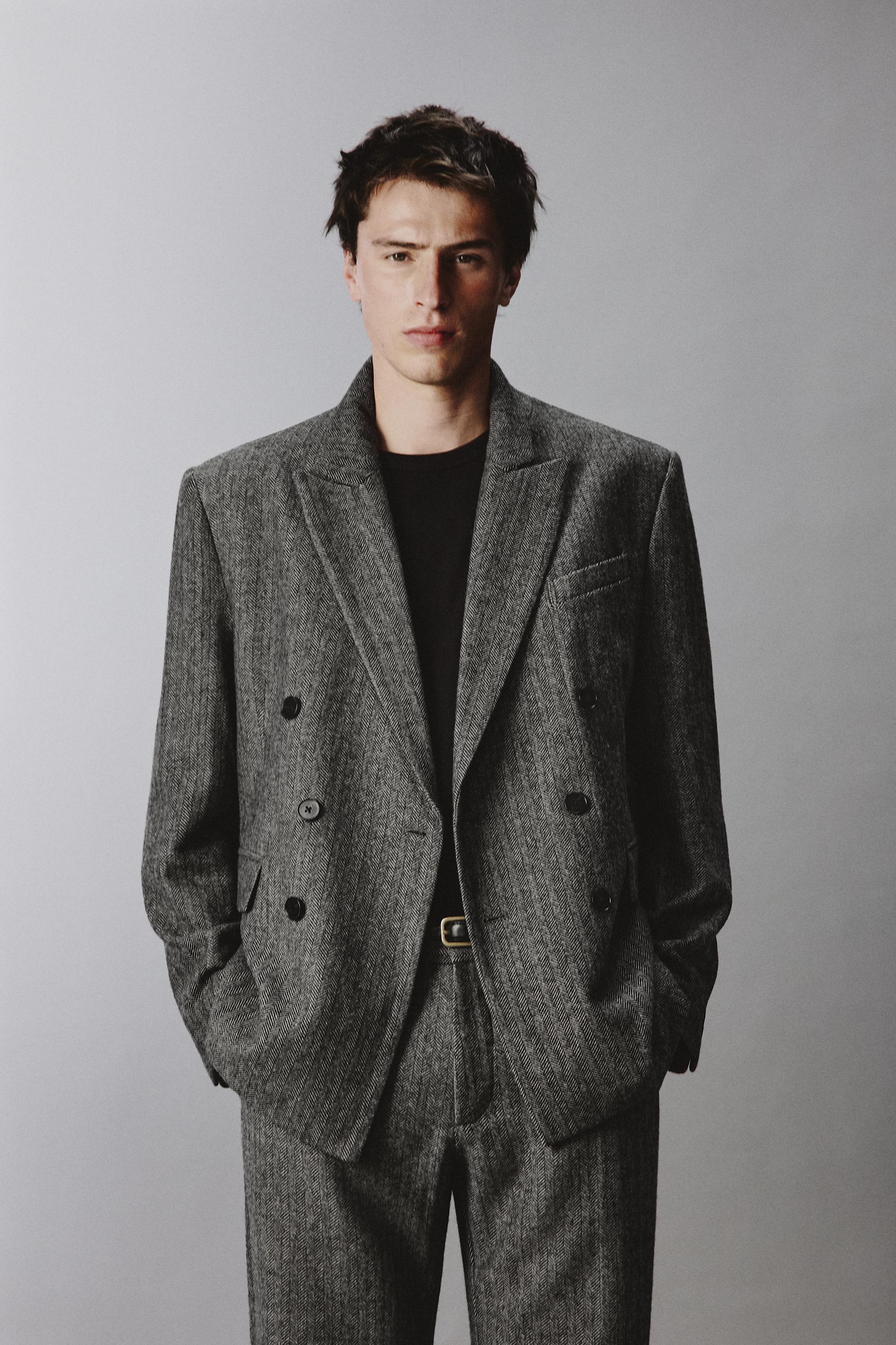 HERRINGBONE STRUCTURED WOOL BLEND SUIT JACKET