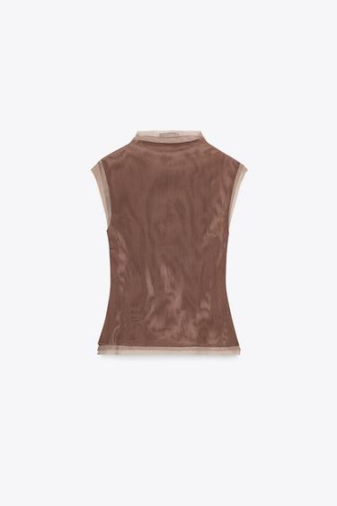 TULLE HIGH NECK T-SHIRT - Brown by Zara - Image 5