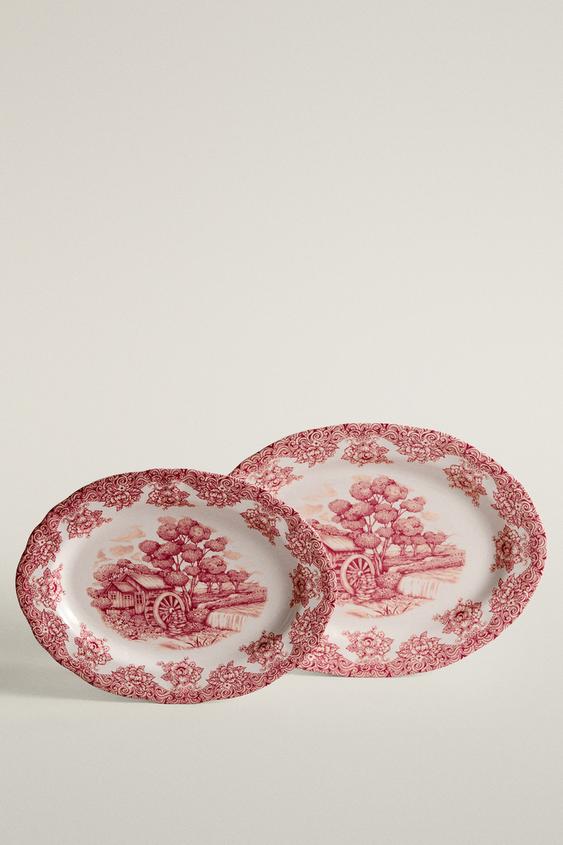 FLORAL AND LANDSCAPE OVAL EARTHENWARE SERVING DISH - Burgundy by Zara - Image 0