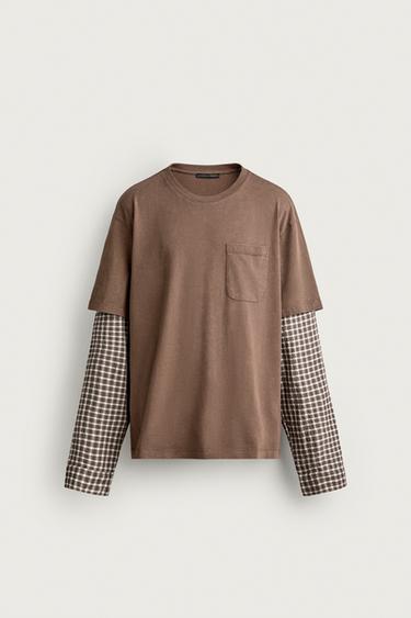 ФУТБОЛКА У КЛІТИНКУ З ЕФЕКТОМ БАГАТОШАРОВОСТІ - Коричневий Zara