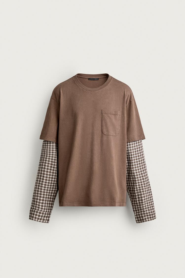 Camiseta manga efecto superposicion cuadros