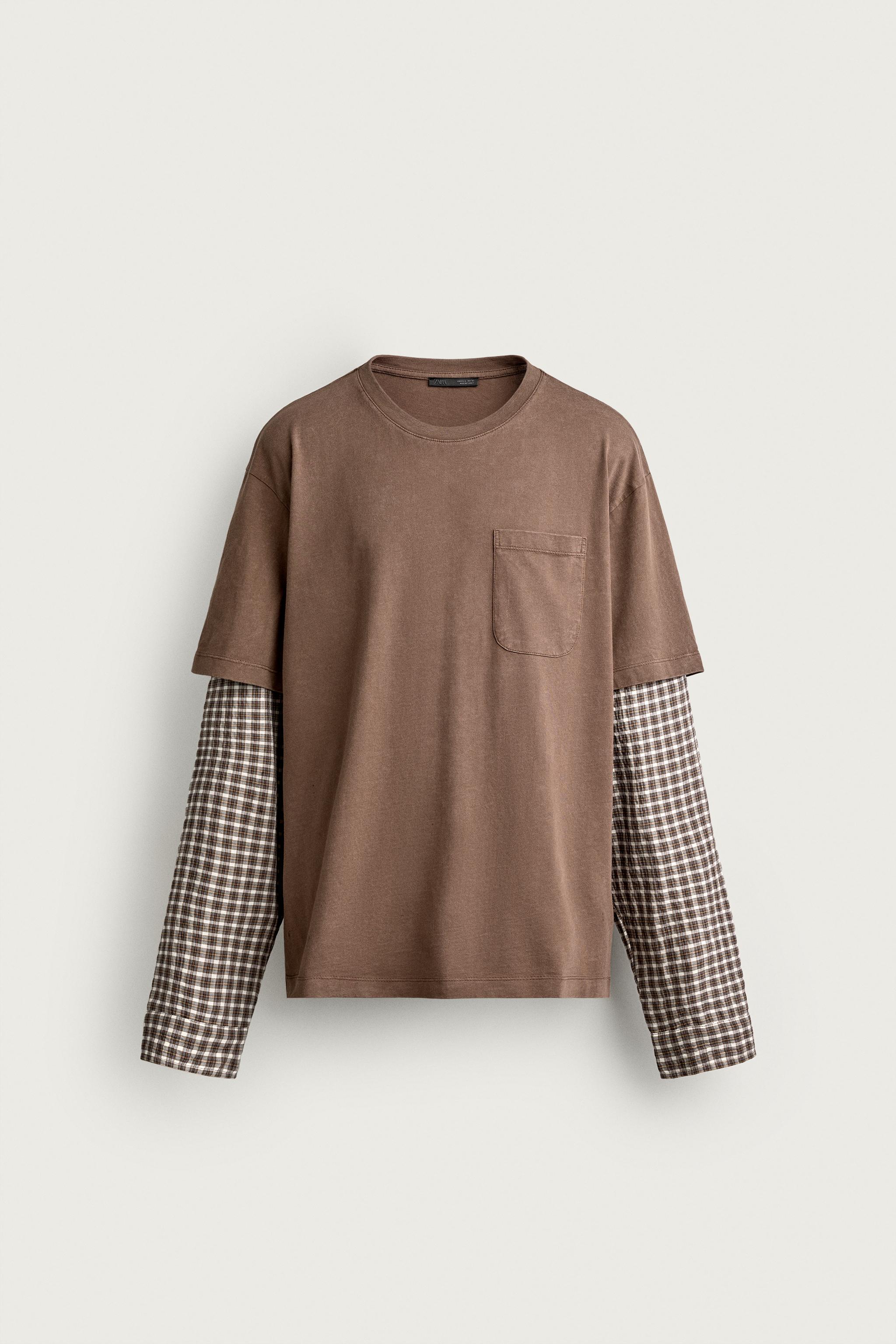PLAID LAYERED-EFFECT SLEEVE T-SHIRT