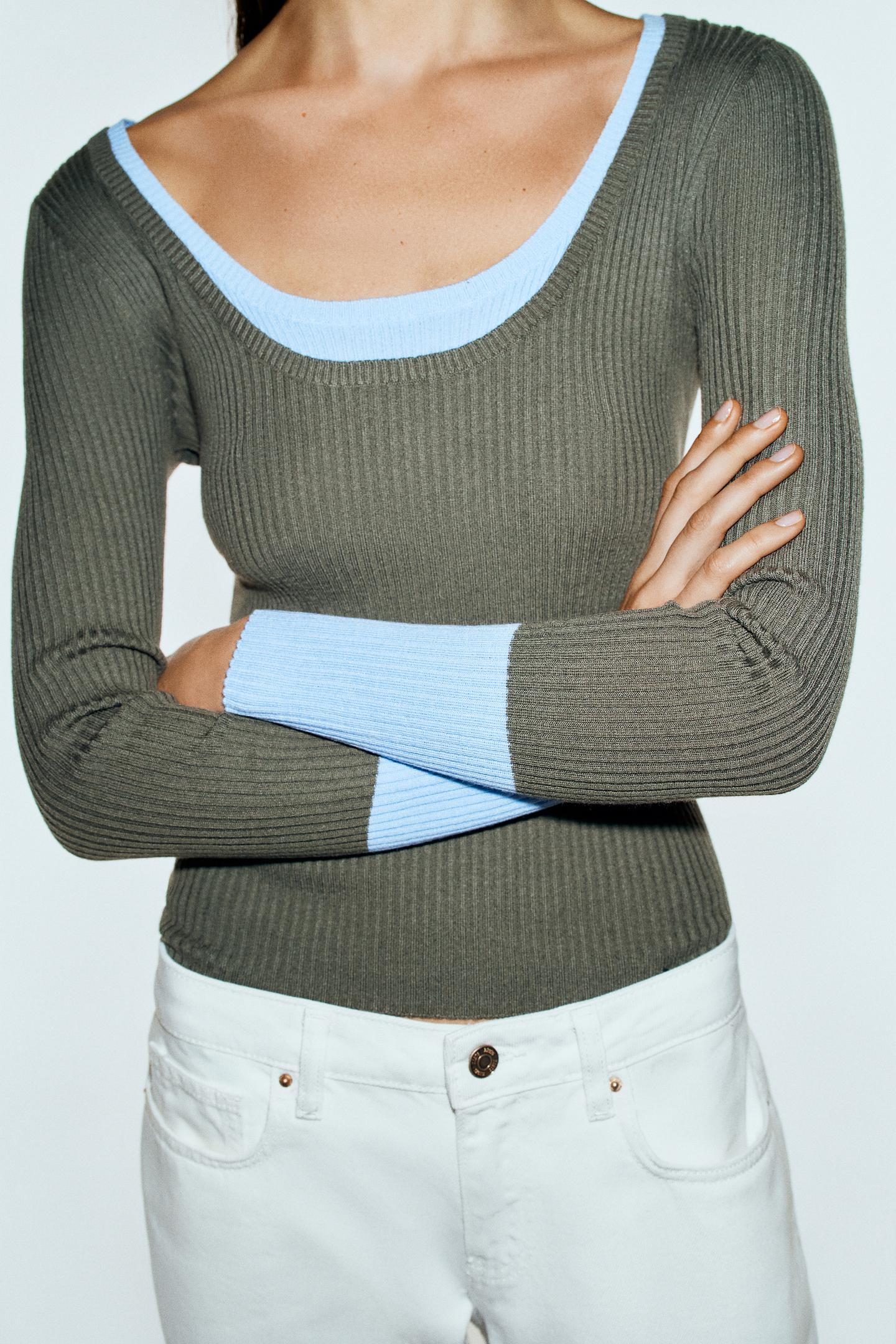 Женский топ Zara Contrast Layered Top, цвет: Тёмный хаки — фото 3