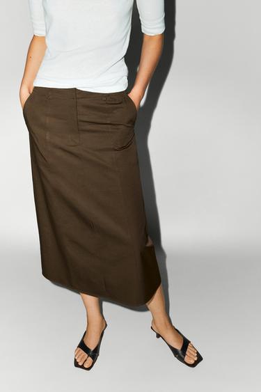 Zara 100% Cotton Midi Skirt - Brown