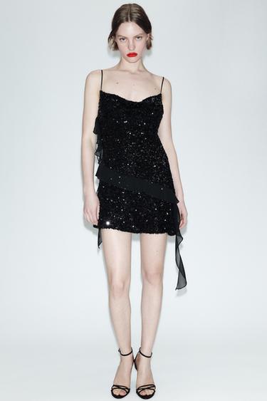 SHORT SEQUINNED DRESS WITH RUFFLE TRIMS - Black by Zara