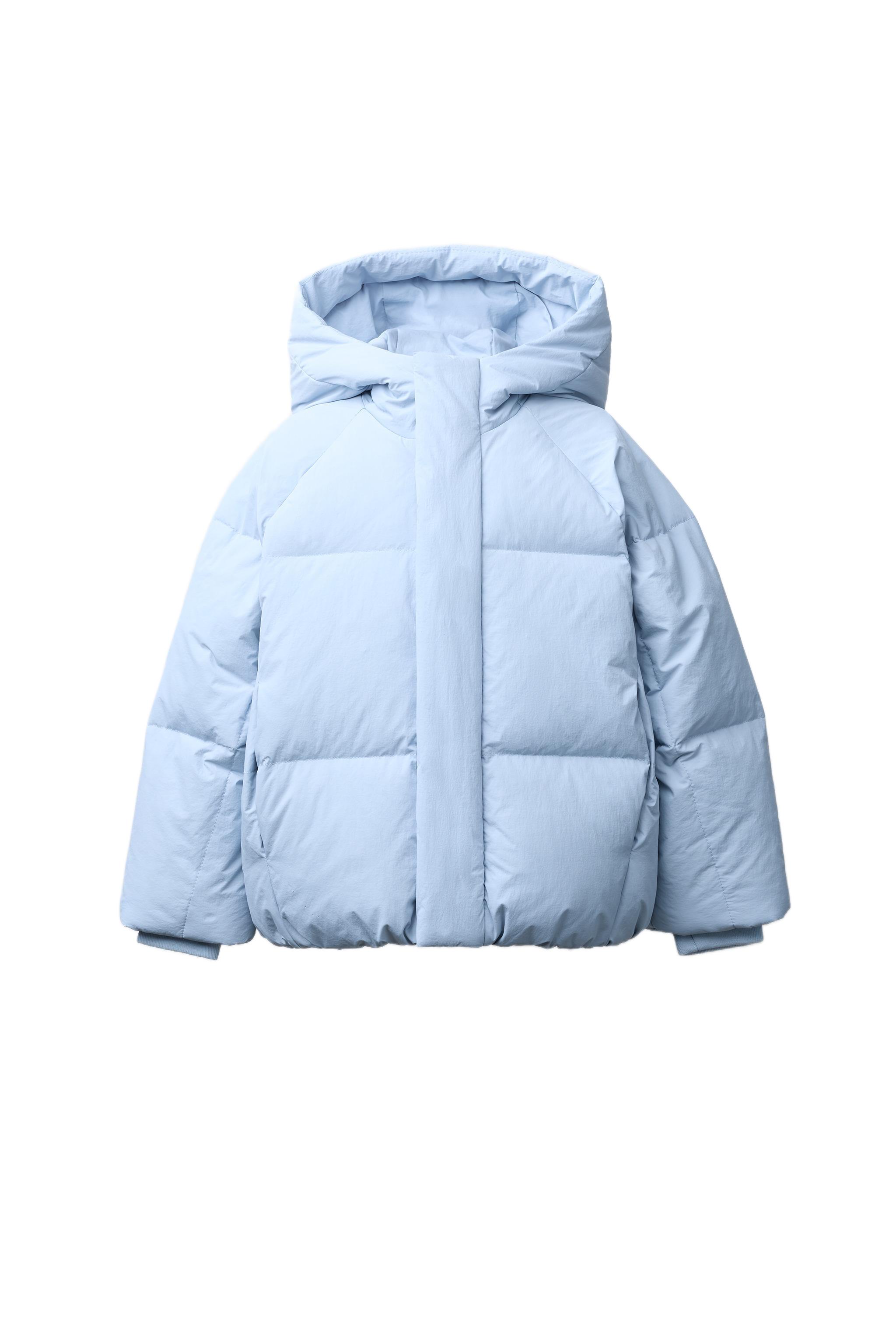 撥水加工入りフェザー＆ダウン50％パフジャケット - ライトブルー