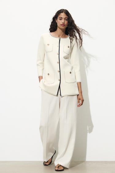 GILET LONG EN MAILLE - Écru / Bleu marine de Zara