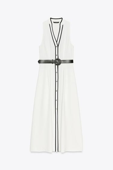 CONTRAST TRIM MIDI DRESS WITH BELT - Oyster-white by Zara - Image 6