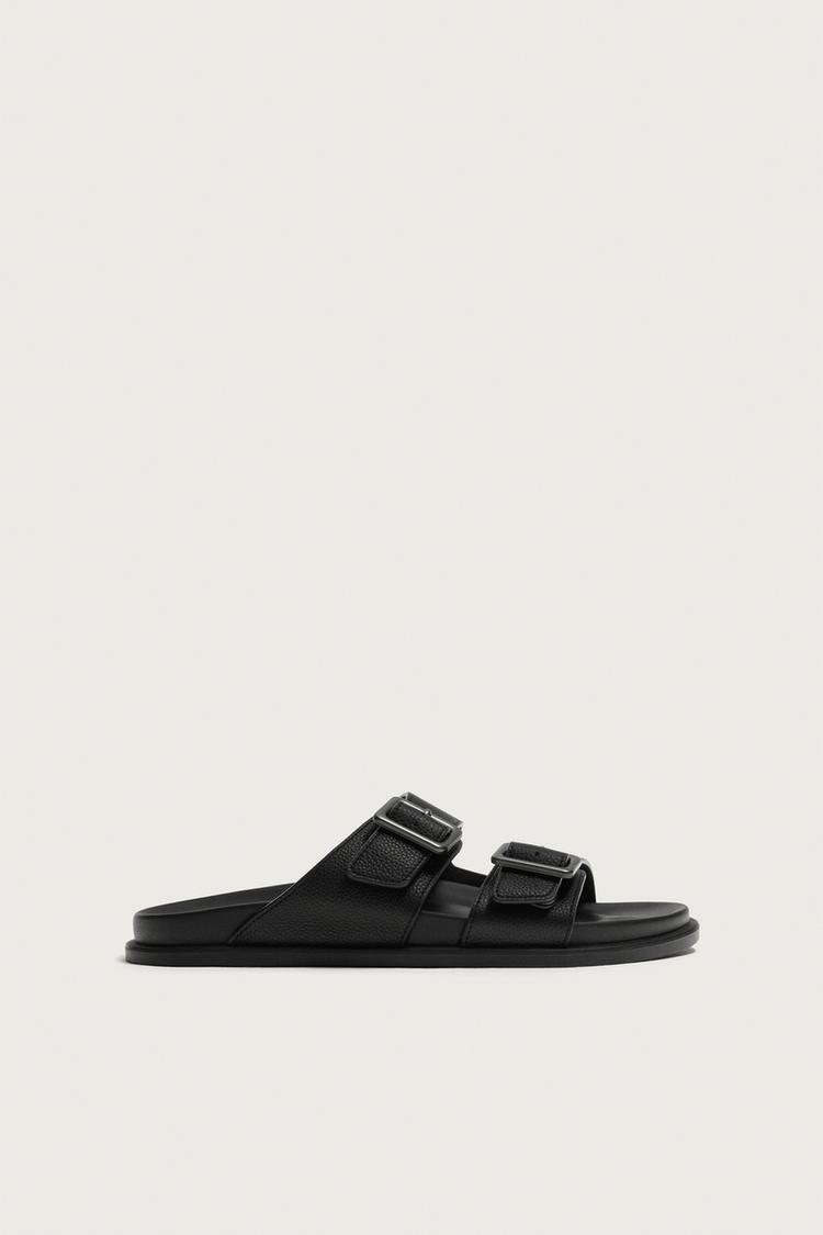 Tumbled Leather Strap Sandals — Black