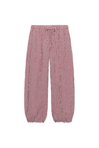 Zara GATHERED GINGHAM PANTS - White / Red